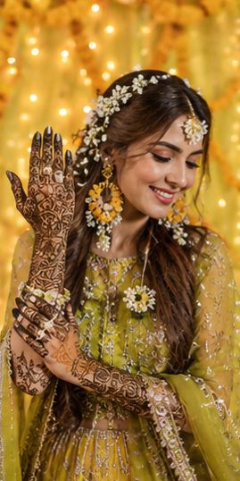 Bride showing her mehndi at a Pakistani Mehndi night